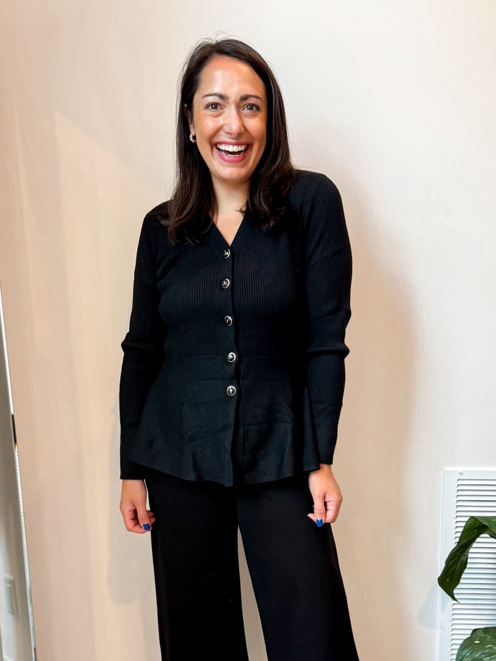Grace Karin Black Button-Front Peplum Ribbed Sweater